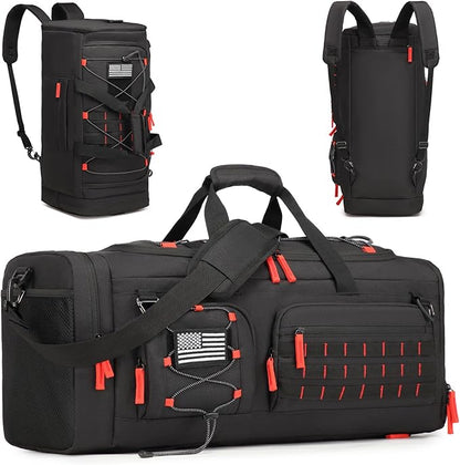 Gym Bag for Men and Women, 50L Extra Large Duffle Bag, 3-in-1 Travel Sports Duffel Bags with Shoe & Laptop Compartment for Overnight Weekender Gym Traveling Workout Deployment, Black+Red