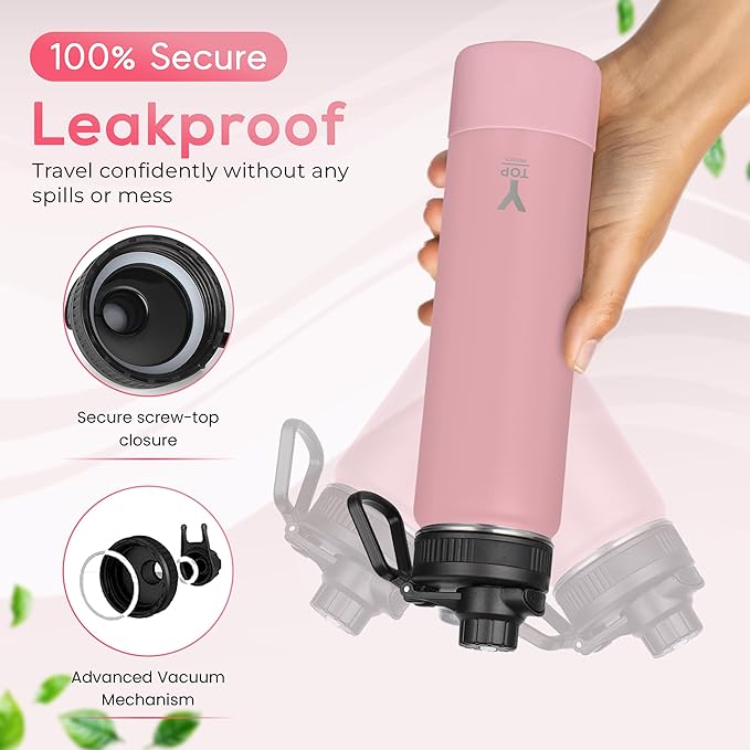 Y TOP 18 oz Insulated Water Bottle Leak Proof Spout Lid Fits in Car Cup Holder – Double Wall Dishwasher Safe Easy Clean stainless steel drinking water bottle for Gym Kids Sports Travel Hiking School