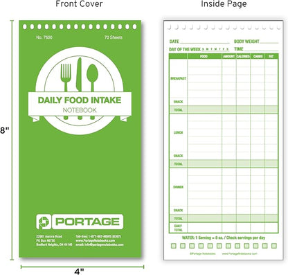 Portage Food Diet Journal - Notebook for Daily Food Intake with Template to Track Calories, a Diet Diary, Meal Tracker – 4 x 8 Inches, 70 Sheets, 140 Pages, (Pack of 3)