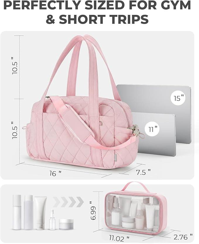Percover Women Gym Bag with Toiletry Organizer Pouch, Quilted Workout Duffle with Compartments for Daily Fitness & Yoga, Locker-Friendly Soft Carry, Blush Pink