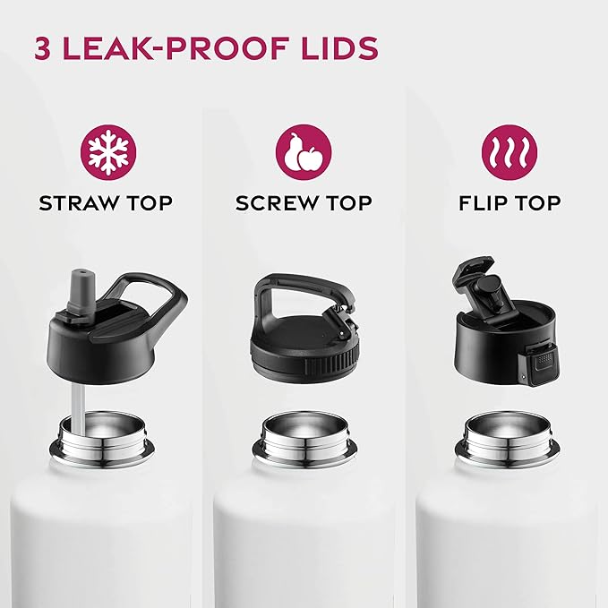FineDine Triple Walled, Insulated Water Bottles with Straw - 64 Oz Stainless Steel Metal Bottle W/ 3 Leak Proof Lids - For Travel, School, Sports, Gym/Men, Women & Kids - Pure Pearly White