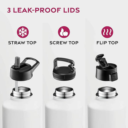 FineDine Triple Walled, Insulated Water Bottles with Straw - 64 Oz Stainless Steel Metal Bottle W/ 3 Leak Proof Lids - For Travel, School, Sports, Gym/Men, Women & Kids - Pure Pearly White
