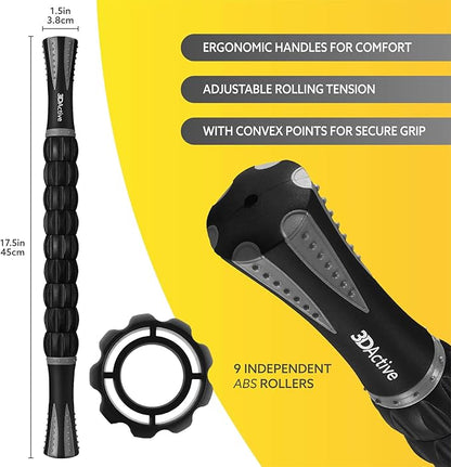 3DActive Massage Roller Stick for Muscle Recovery, Deep Tissue & Trigger Point Massage Muscleroller for Athletes for Post-Workout Recovery, Relieve Cramps & Release Muscle Tension - Gray