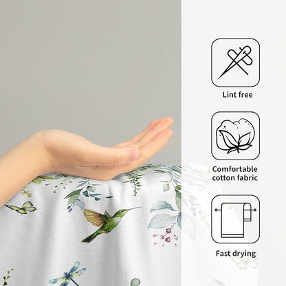 Spring Eucalyptus Leaves Kitchen Towels 14"x28" Set of 2 Green Botanical Humming Bird Decorative Soft Absorbent Hand Towels Summer Holiday Home Decor for Bathroom Gym Spa