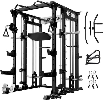 RitFit Buffalo Smith Machine, Power cage with LAT-Pull Down System & Cable Crossover System, All-in-One Squat Rack for Home Gym, Power Rack