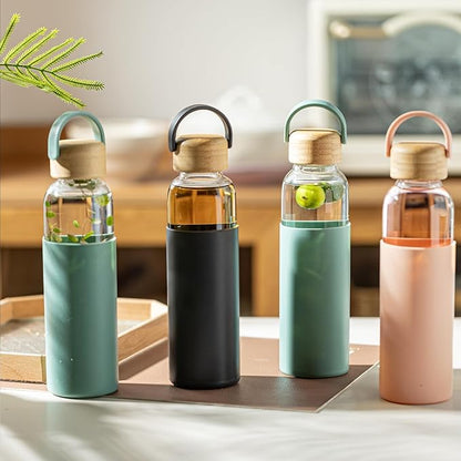 21oz Borosilicate Glass Water Bottle with Non-Slip Sleeve & Leak-Proof Lid-Reusable Drink Bottle for Office,Travel,Gym,Hiking-Ideal Gift for Home,Car & Fitness Enthusiasts (2*Pink+2*Green)