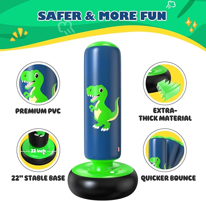 QPAU Inflatable Punching Bag, 48 Inch Stable Inflatable Boxing Bag for 3-6 Kids,Dinosaur Toy & Gifts for Boys and Girls, Kids Boxing Set for Practicing Karate, Taekwondo