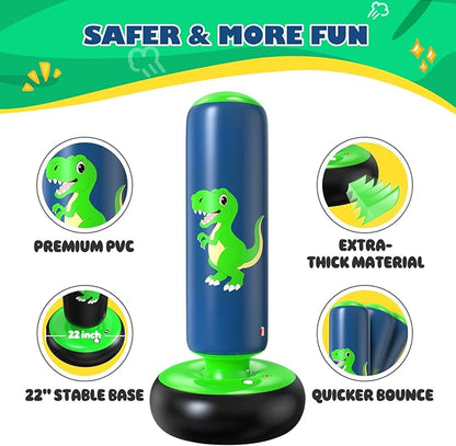 QPAU Inflatable Punching Bag, 48 Inch Stable Inflatable Boxing Bag for 3-6 Kids,Dinosaur Toy & Gifts for Boys and Girls, Kids Boxing Set for Practicing Karate, Taekwondo