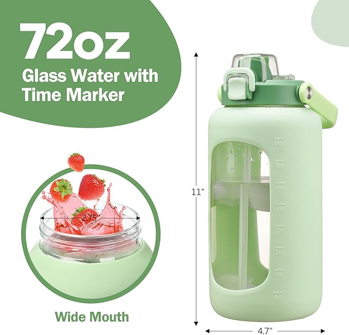 72oz Glass Water Bolttles, 3-in-1 Straw and Sip Spout Handle Lid, Half Gallon Water Bottle with Time Marker and Silicone Sleeve, BPA-Free Sports Water Bottle for Gym, School, Light Green