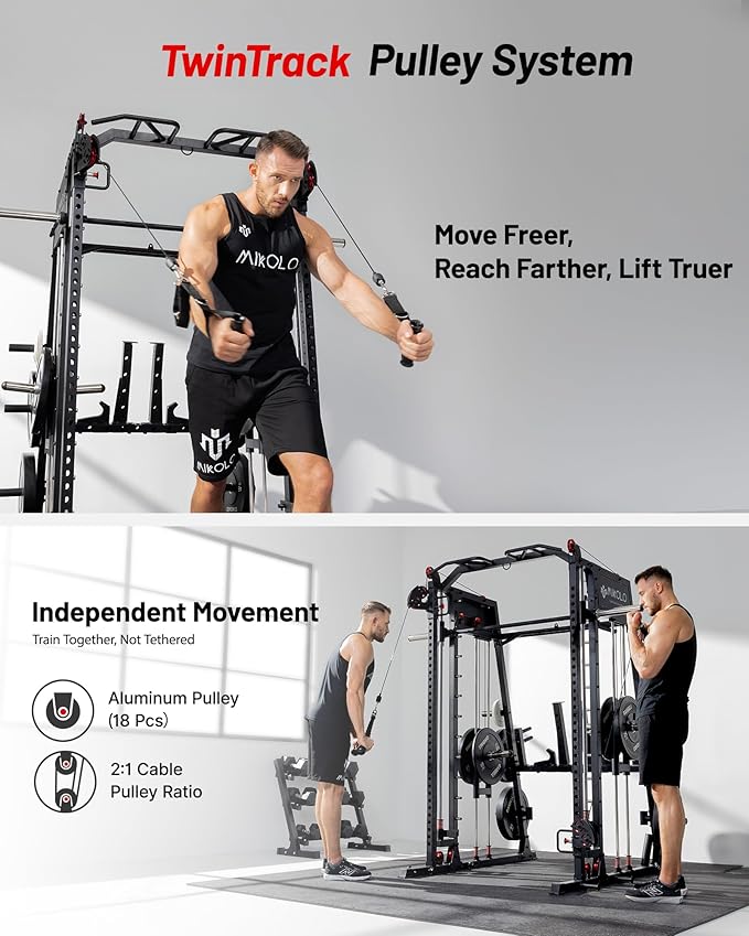 Mikolo M4 2.0 Smith Machine, 2200lbs Squat Rack with LAT-Pull Down System & Cable Crossover Machine, Training Equipment with Leg Hold-Down Attachment