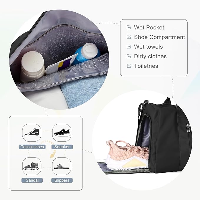 Gym Bag for Women Men with Shoes Compartment Sports Duffle Bag Personal item travel Duffel Bags Small Carry on Weekender Overnight Tote Bags Workout Dance Bags Hospital Holdalls Black