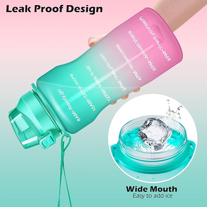 Gallon Motivational 64/100 oz Water Bottle with Time Marker & Straw, Large Daily Water Jug for Fitness Gym Outdoor Sports, Remind of All Day Hydration, Leak Proof, BPA Free (green+pink, 100oz)