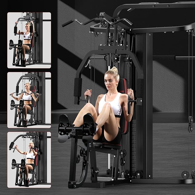 SunHome Multifunction Home Gym System Workout Station,Smith Machine with 138LB Weight Stack, Leg Press, LAT Station for Full Body Training