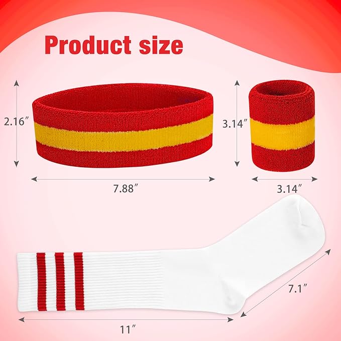 ONUPGO 5 Pieces Sweatbands Striped Socks Set Sports Headband Wristbands High Tube Socks 80s Accessories Costumes