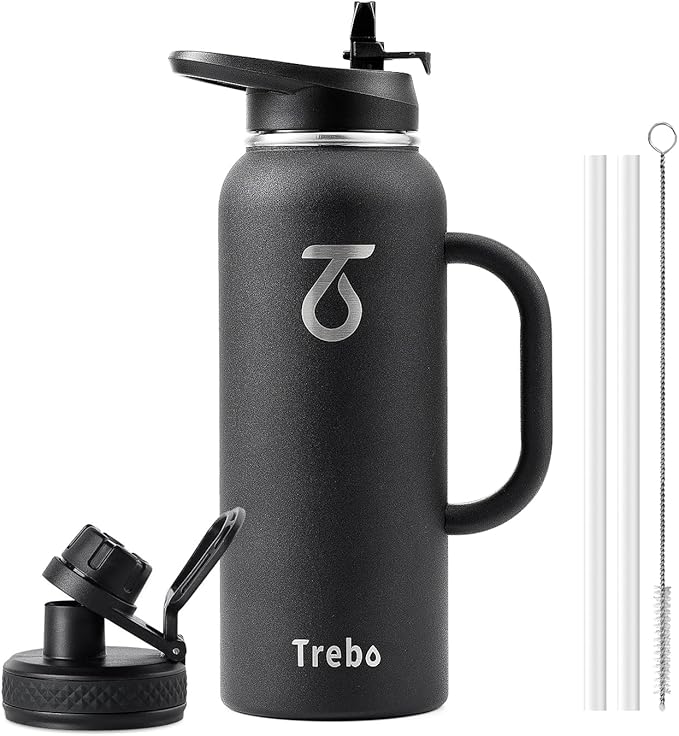 Trebo 40oz Water Bottle Insulated with Handle, Stainless Steel Metal Large Jug,Travel Flask with Straw Spout Lid,Mug Tumbler Cup,Keep Cold Hot, Indigo Black