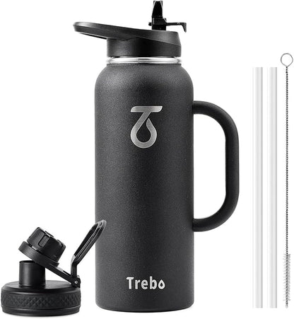 Trebo 40oz Water Bottle Insulated with Handle, Stainless Steel Metal Large Jug,Travel Flask with Straw Spout Lid,Mug Tumbler Cup,Keep Cold Hot, Indigo Black