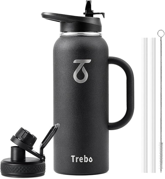 Trebo 40oz Water Bottle Insulated with Handle, Stainless Steel Metal Large Jug,Travel Flask with Straw Spout Lid,Mug Tumbler Cup,Keep Cold Hot, Indigo Black