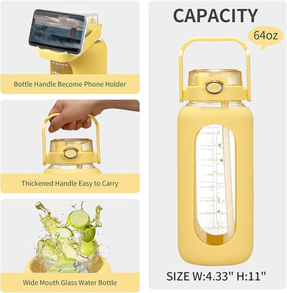64oz Glass Water Bolttles with Straw Half Gallon Large Motivational Water Bottle with Time Marker Sports Water Bottles with Silicone Sleeve and Handle Lid Water Jug for Gym Workout