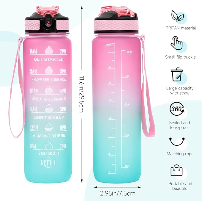 32 oz Motivational Water Bottle with Time Marker,Water Bottles with Times to Drink and Straw with Carrying Strap,Perfect For Fitness Gym Outdoor,BPA Free (Pink & Blue Gradient)