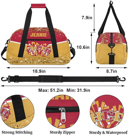 Personalized Cheer Gym Bags for Girls Kids Cheerleaders with Custom Name Sport Dance Perform Training Duffel Bags for Overnight Weekender Travel Red Yellow