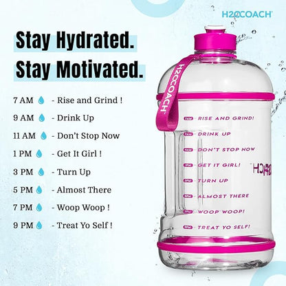 H2OCOACH 1 Gallon Hydration Jug with Time Marker & Measurements, BPA-Free Tritan Sports Drink Container, Motivational Daily Intake Tracker for Gym, Workout, & Fitness Routines (128 oz, Pretty N Pink)