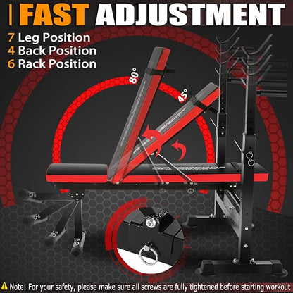 OPPSDECOR 6 in 1 900LBS Weight Bench with Leg Extension and Leg Curl, Foldable Bench Press Set and Squat Barbell Rack with Preacher Curl, Adjustable Workout Bench for Home Gym Strength Training PXZXYX1