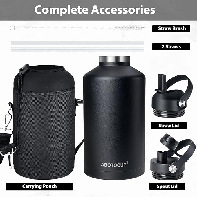 64 oz Water Bottle,Half Gallon Stainless Steel Water Bottles Insulated,Double Wall & Leak Proof, Travel,Football,Gym,Camping Essentials,Keep Cold All Day,Black