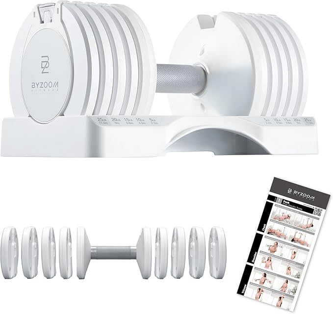 BYZOOM FITNESS Pure Series Adjustable Dumbbell - 12.5/25/27.5/75lb - ONE UNIT OR PAIR(check QTY before purchase) - 5-in-1/ 10-in-1 / 21-in-1 Flexible Hand Weights for Home Gym, Strength Training & Fitness Workouts, White OR Black