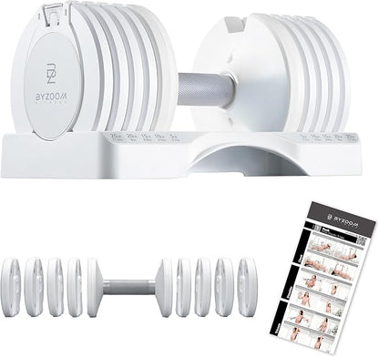 BYZOOM FITNESS Pure Series Adjustable Dumbbell - 12.5/25/27.5/75lb - ONE UNIT OR PAIR(check QTY before purchase) - 5-in-1/ 10-in-1 / 21-in-1 Flexible Hand Weights for Home Gym, Strength Training & Fitness Workouts, White OR Black