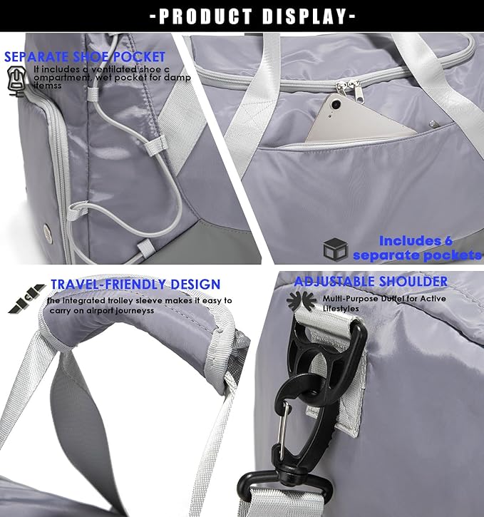 Gym Bag for Women Men Duffle Bag for Travel with Shoes Compartment and Wet Pocket Small Carry on Weekender Bags for Sports Overnight Fitness Yoga Dance Workout Swimming Hospital Tote (Grey)
