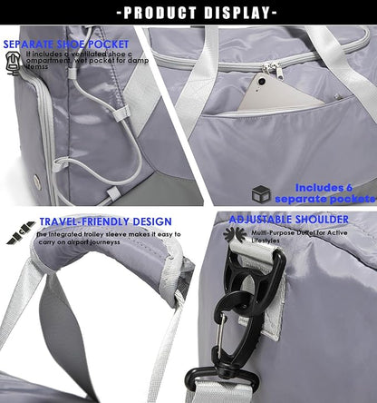 Gym Bag for Women Men Duffle Bag for Travel with Shoes Compartment and Wet Pocket Small Carry on Weekender Bags for Sports Overnight Fitness Yoga Dance Workout Swimming Hospital Tote (Grey)