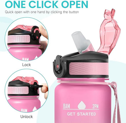 32 oz Motivational Water Bottle with Time Marker,Water Bottles with Times to Drink and Straw with Carrying Strap,Perfect For Fitness Gym Outdoor,BPA Free (Pink & Blue Gradient)