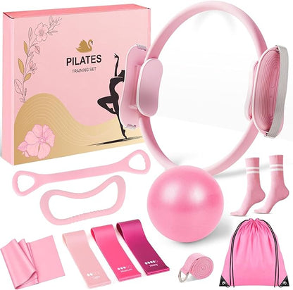 Pilates Equipment Set for Women, Pilates Ring and Ball Set, At Home Pilates Workout Equipment with 15" Magic Circle Ring and Resistance Bands, A Must-Have for Beginners and Seasoned Yogis