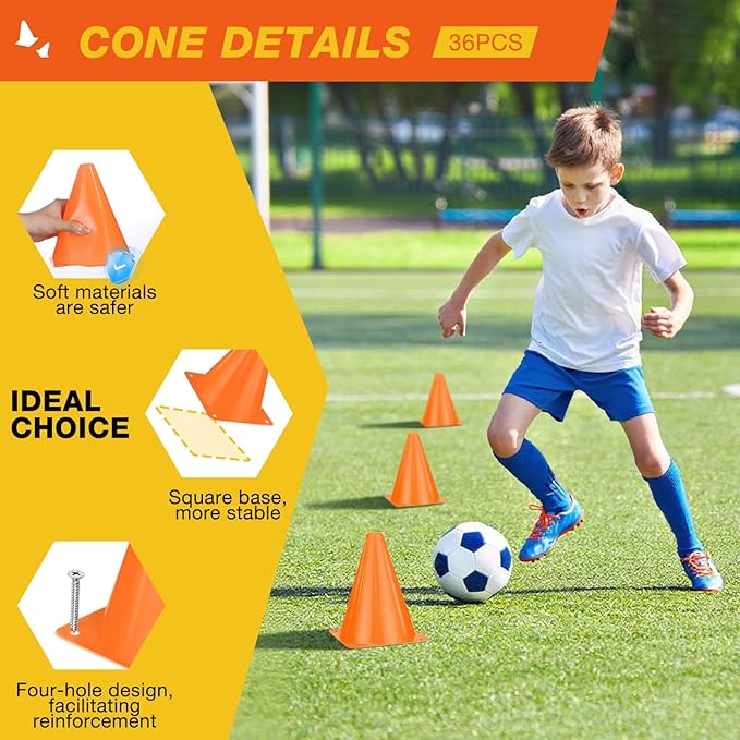 36pcs Cones 7 Inch Soccer Cones and Plastic Traffic Cones, Durable Cones for Sports Training, Ideal for Soccer, Basketball, Football, Skating, and Agility Drills Practice