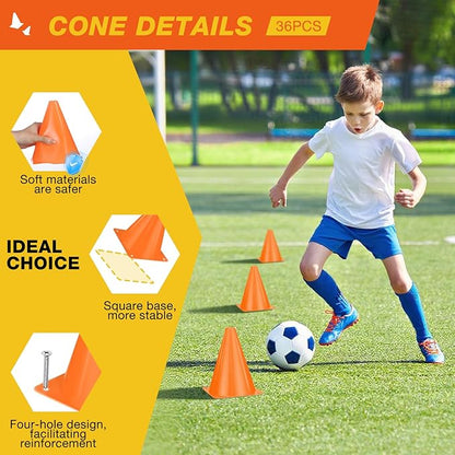 36pcs Cones 7 Inch Soccer Cones and Plastic Traffic Cones, Durable Cones for Sports Training, Ideal for Soccer, Basketball, Football, Skating, and Agility Drills Practice