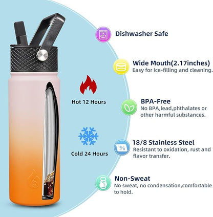 BJPKPK Insulated Water Bottles with Straw Lid, 22oz Cold & Hot Thermo, Stainless Steel Metal Water Bottle with 3 Lids, Reusable Thermo, Cups, Mugs for Daily Use-Coral