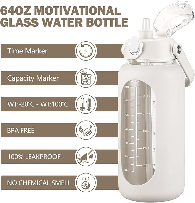 kytffu 64oz Glass Water Bottles with Straw, Half Gallon Motivational Glass Bottle with Silicone Sleeve and Time Marker, 2L Leakproof Large Glass Water Jug for Gym Home Office,White