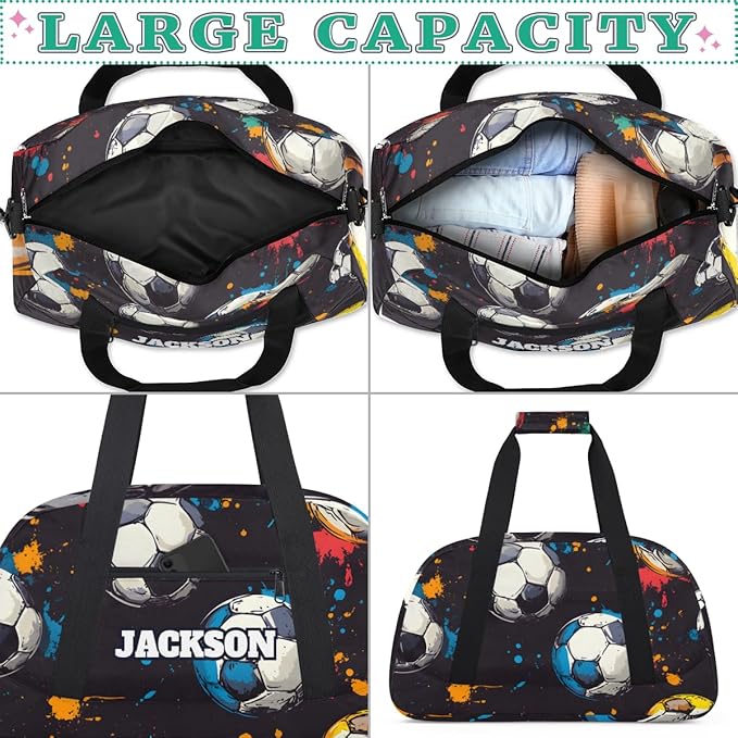 Personalized Soccer Gym Duffel Bags for Kids Boys with Custom Name Sport Training Travel Bags for Overnight Weekender, Black