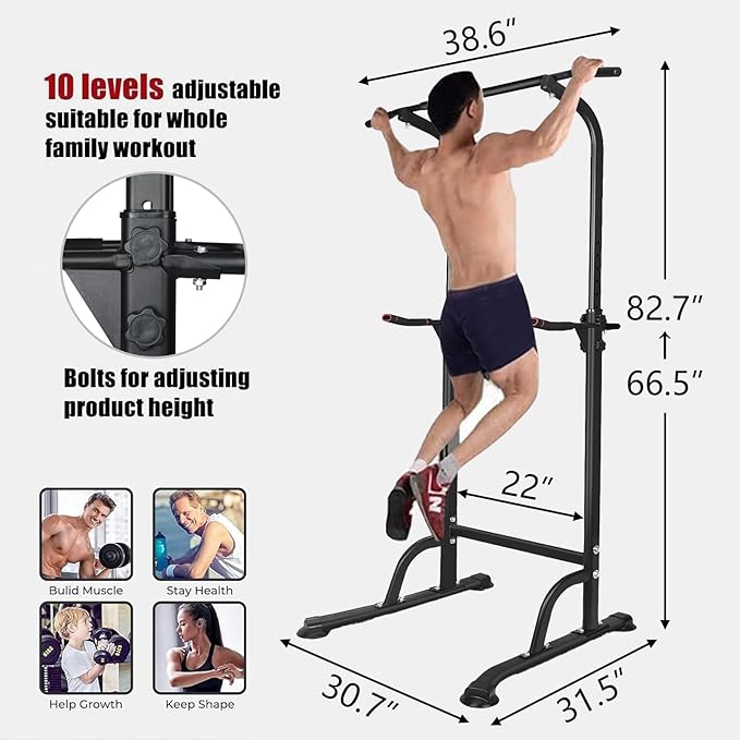 Power Tower Pull Up Bar for Home Gym, Multi Functional Pull Up Bar Stand Dip Bar Station, Adjustable Height Workout Dip Station Strength Training Fitness Equipment