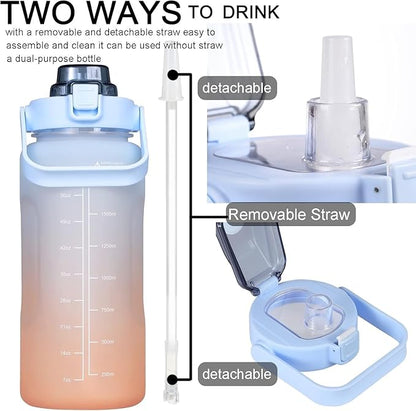 Large Motivational Water Bottle with Straw Time Marker BPA Free for Sport and Fitness (64 Oz/Half Gallon) (blue-orange)