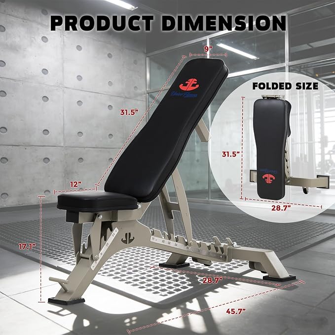 Adjustable Weight Bench 1300 lb Capacity, Foldable Workout Bench with 10 Backrest & 3 Seat Positions, Heavy Duty Home Gym Bench for Incline Decline Flat Dumbbell Training