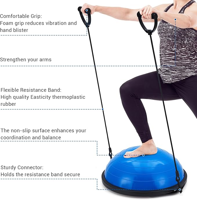 23/25in Balance Ball, 1600 lbs Half Exercise Ball with Nonslip Base, Inflatable Half Ball Balance Trainer, Stability Half Yoga Ball Strength Training Equipment with 2 Bands, Pump, Extra Ball Included,