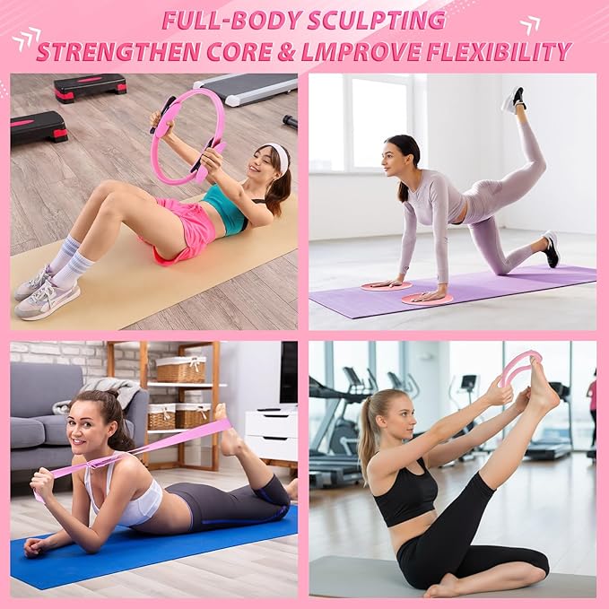 24 Pcs Home Pilates Essentials Kit for Women, Pilates Equipment Ring and Ball Set with Stretching Strap, Water Bottle, Magic Circle, Yoga Ring, Gym Bag, Resistance Band, Anti Slip Socks