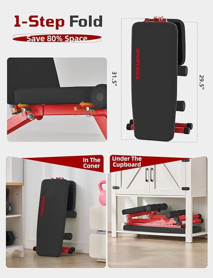 SPORTSOUL 880LB Weight Bench for Home Gym, 8-Position Backrest Adjustable Workout Bench for Strength Training – Incline Decline Flat, Foldable & Compact for Small Space Apartment Room Garage