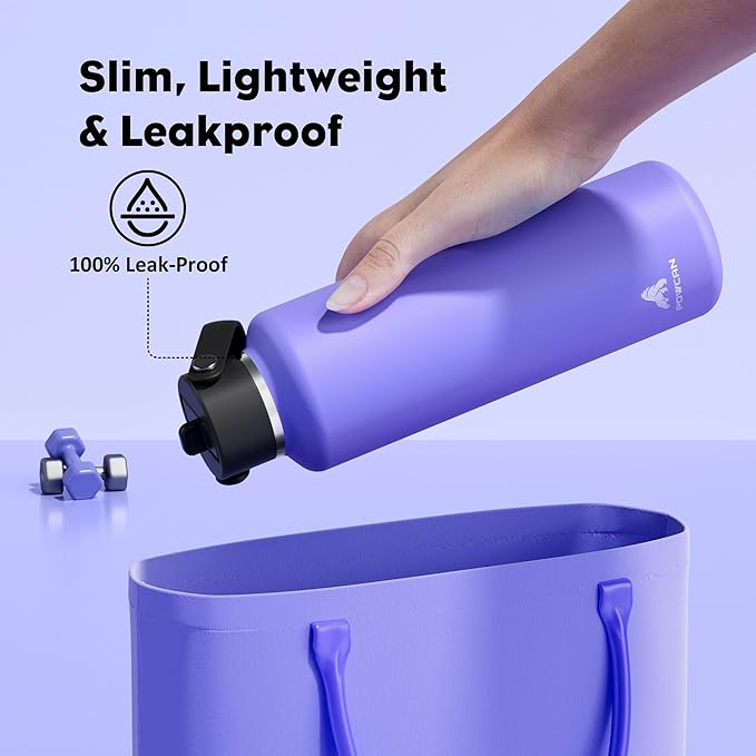 POWCAN 24 oz Travel Water Bottle: Standard Mouth, Leakproof, BPA-Free, Easy Hold Handle, Insulated Stainless Steel Thermos with Straw for School, Outdoors, Teens, Running, Sport, Trip (Violet's Tale)