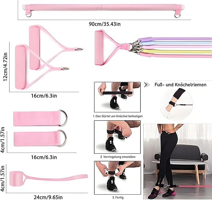 Pilates Bar 12-in-1 Kit with 5-Level Resistance Bands, 100 lbs Total, Home Workout Equipment for Legs, Arms, Core & Full Body, Adjustable 3-Section Pilates Stick, Foldable Design with Storage Bag