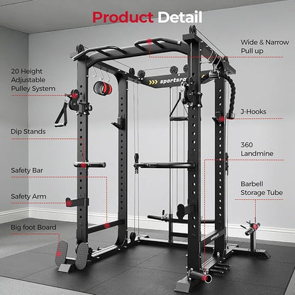 Sportsroyals Squat Rack, LAT Power Cage, Power Rack Multi-Function with Pulley System and Training Attachments for Home Gym