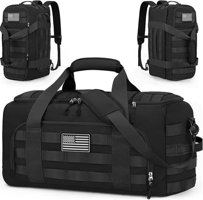 ZOMFELT Tactical Gym Bags for Men, Travel Duffle Bag with Removable Dividers & Innovative Shoe Compartment, 3-in-1 Waterproof MOLLE Gym Duffel Backpack, Airplane Carry-On Approved, Black