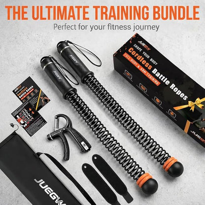 Cordless Battle Ropes for Home Workout – Ropeless Adjustable HIIT & Strength Training Kit with Hand Gripper & Wrist Wraps – Portable Full Body Fitness Equipment for Small Spaces