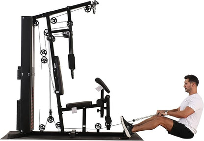 BalanceFrom Multifunctional Steel Frame Home Gym Machine with Floor Mat – Strength Training Workout Station with 160-Pound Weight Stack, Lat Pull & Low Row Bars, 4-Roll Leg Developer & Press